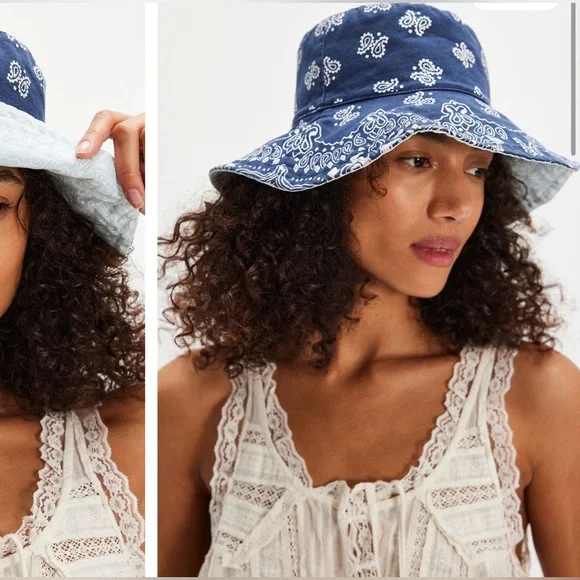 NWT Free People Bandana Bucket Hat - blue - one size - Picture 7 of 11
